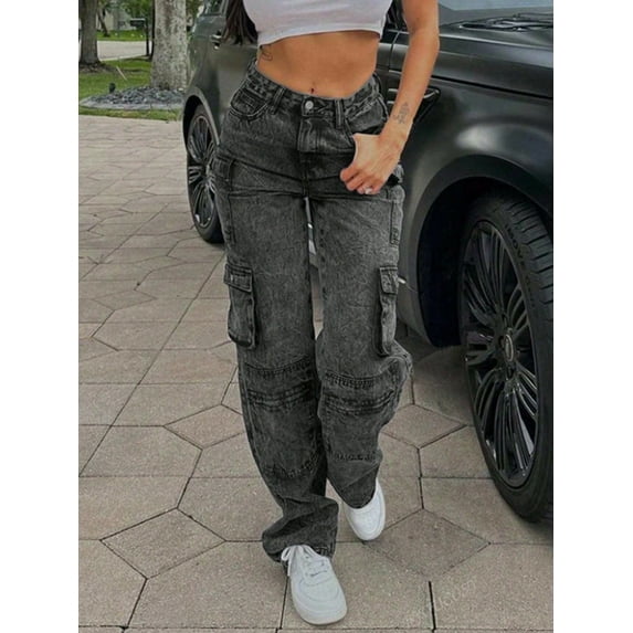 Women's High - Waisted Cargo Jeans Loose Wide - Leg Fit Y2K Streetwear Trend Ladies' Denim Pants With Multiple Pockets Cotton Denim Multi - Pocket Design Washed Black Fashion Casual Pants for Daily