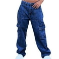thumbnail image 1 of Women's High Waisted Cargo Jeans Stretch Wide Leg Denim Pants Trendy Dark Blue L, 1 of 6