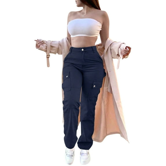 Women's High Waisted Cargo Pants - Casual Baggy Straight Leg Work Pants with Pockets, Stretchy Streetwear Trousers
