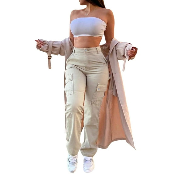 Women's High Waisted Cargo Pants - Casual Baggy Straight Leg Work Pants with Pockets, Stretchy Streetwear Trousers