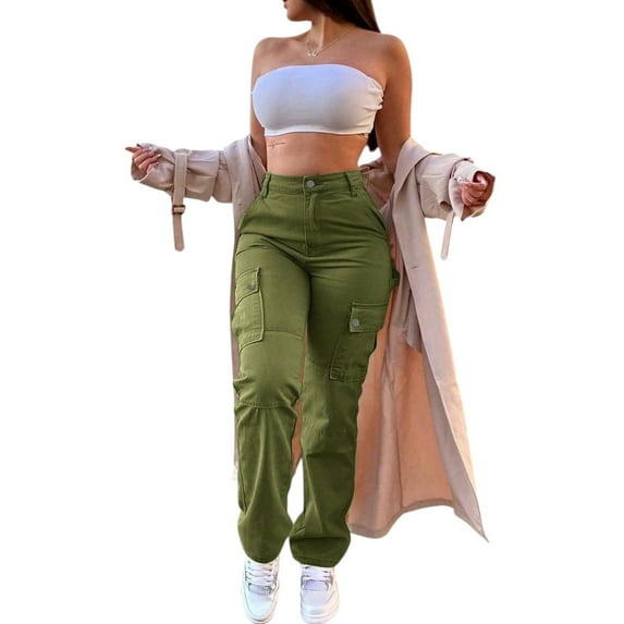 Women's High Waisted Cargo Pants - Casual Baggy Straight Leg Work Pants with Pockets, Stretchy Streetwear Trousers