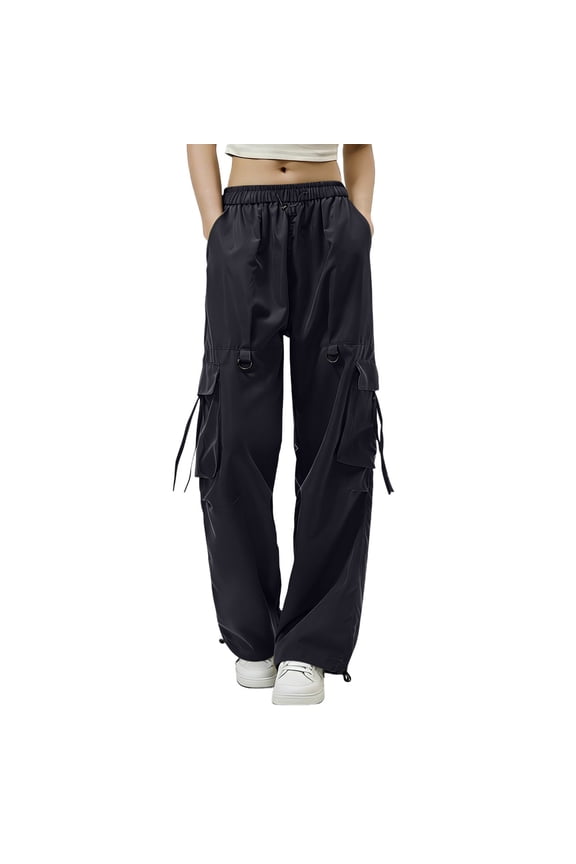 Women's High Waisted Cargo Pants Drawstring Wide Leg Utility Trousers with Pockets & Straps