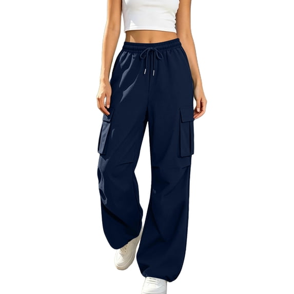 Women's High Waisted Cargo Pants Elastic Waist Drawstring Solid Color Jogger Cargo Pants with Multi Pockets Adjustable Cinched Hem Casual Sweatpants