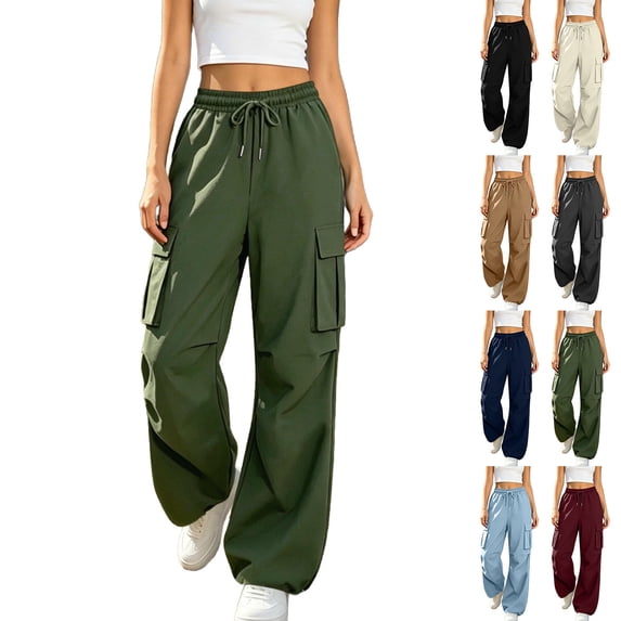 Women's High Waisted Cargo Pants Elastic Waist Drawstring Solid Color Jogger Cargo Pants with Multi Pockets Adjustable Cinched Hem Casual Sweatpants