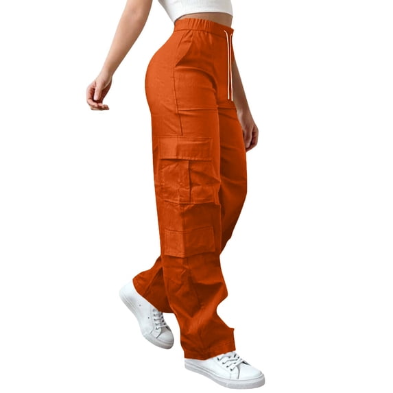 Women’s High Waisted Cargo Pants Loose Fit Straight Leg Utility Trousers With Pockets Casual Work Outdoor Hiking Pants Orange M