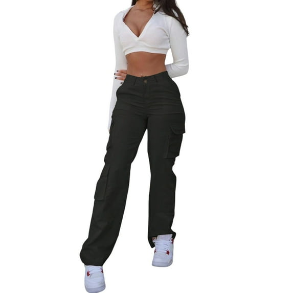 Women’s High Waisted Cargo Pants – Solid Color Front Button Multi-Pocket Casual Straight Leg Trousers for Work Streetwear Daily Outfits