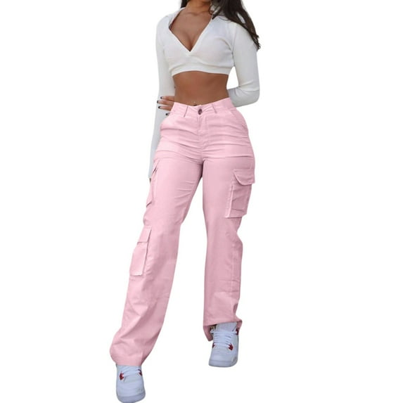 Women’s High Waisted Cargo Pants – Solid Color Front Button Multi-Pocket Straight Leg Trousers Casual Workwear Streetwear Outfits