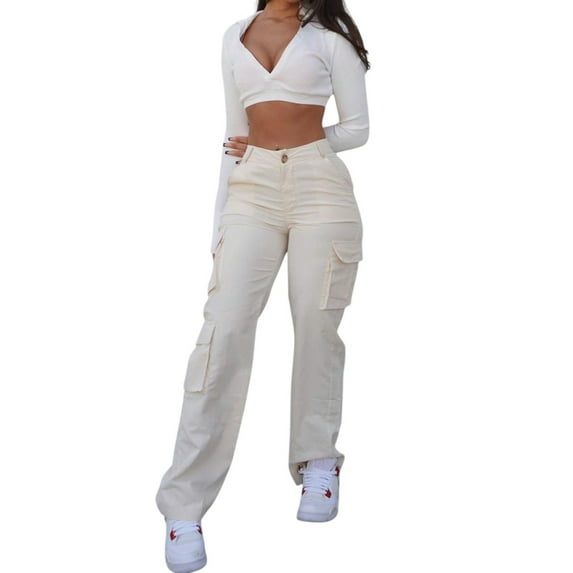 Women's High Waisted Cargo Pants Solid Color Straight Leg Pants with Button Closure and Pockets Casual Streetwear