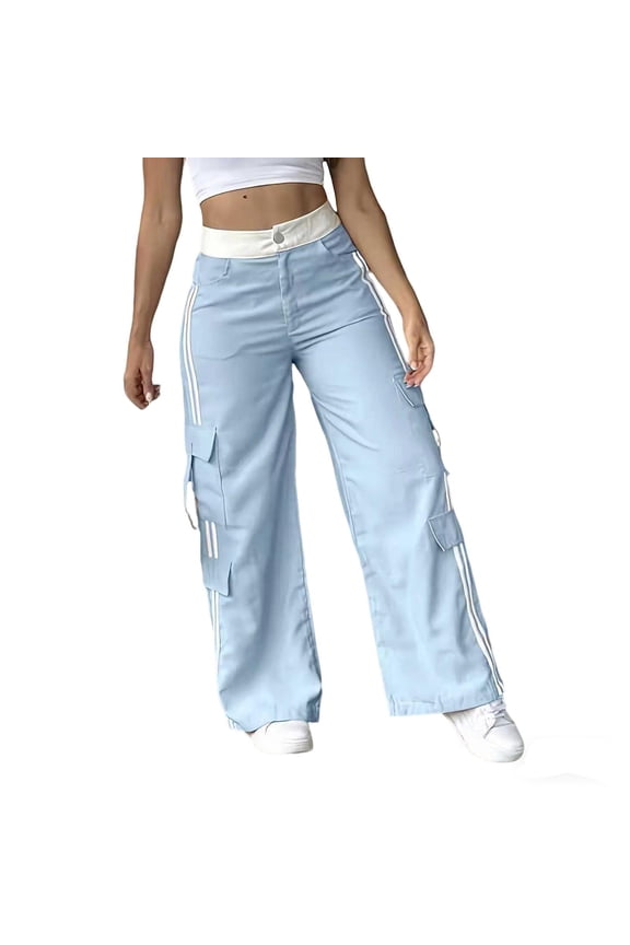 Women's High Waisted Cargo Pants for Travel Flared Striped Streetwear Loose Slouchy Palazzo Pants with Pockets