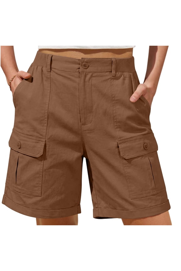 Women's High Waisted Cargo Shorts Button Casual Summer Outdoor Shorts with Multi Pockets Bermuda Pants Coffee M