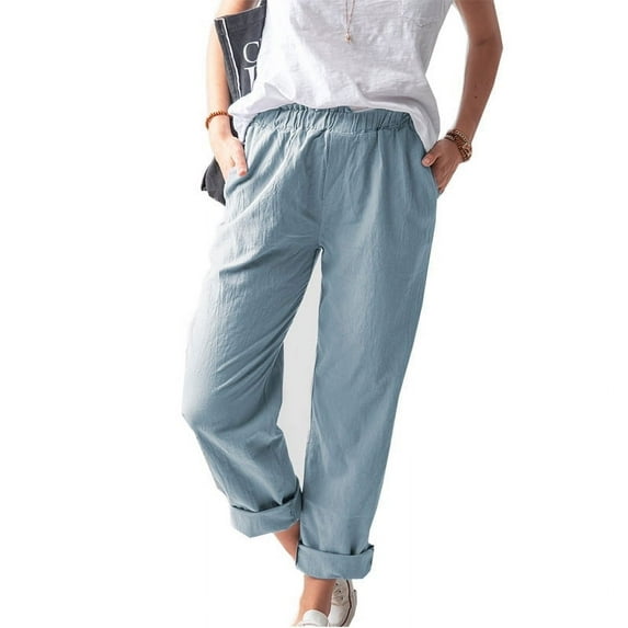 Women's High Waisted Casual Pants Cotton Linen Straight Pant Elastic Waist Loose Comfy Trousers with Pockets