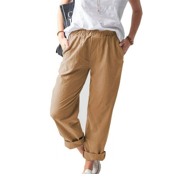 Women's High Waisted Casual Pants Cotton Linen Straight Pant Elastic Waist Loose Comfy Trousers with Pockets