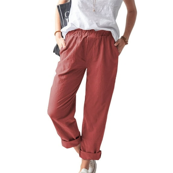 Women's High Waisted Casual Pants Cotton Linen Straight Pant Elastic Waist Loose Comfy Trousers with Pockets