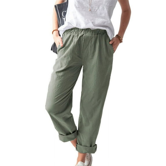 Women's High Waisted Casual Pants Cotton Linen Straight Pant Elastic Waist Loose Comfy Trousers with Pockets