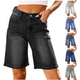 thumbnail image 1 of Women's High Waisted Casual Shorts Pants Jeans Solid Color Elastic Waistband Stretchy Comfy Lounge Wear for Daily Streetwear Travel Essentials | Aestivo,Dark Blue M, 1 of 9