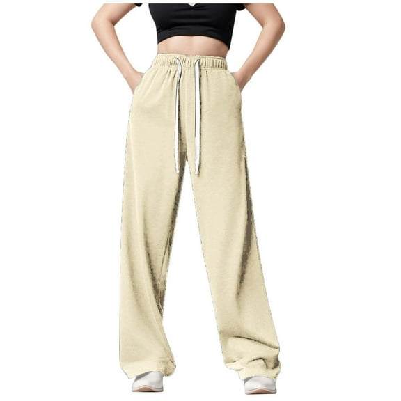 Women's High Waisted Casual Sweatpants Solid Color Wide Leg Fitness Pants with Drawstring Pocket for Autumn Winter Comfort