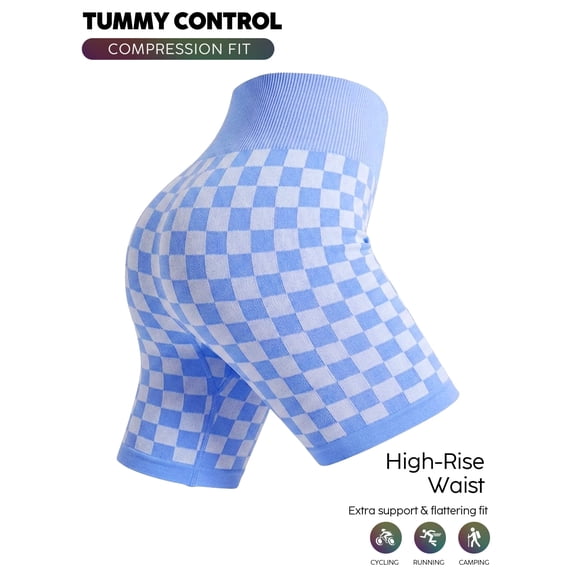 Women's High Waisted Chessboard Print Seamless Yoga Shorts, Shaping Workout Shorts for Yoga Fitness Skateboarding Cycling BLUE