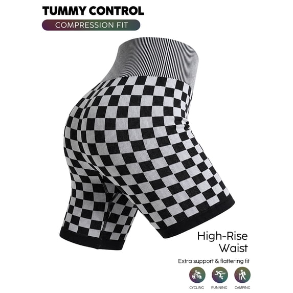 YONGXIABF Women's High Waisted Chessboard Print Seamless Yoga Shorts, Shaping Workout Shorts for Yoga Fitness Skateboarding Cycling.black.L