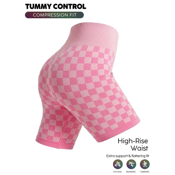 YONGXIABF Women's High Waisted Chessboard Print Seamless Yoga Shorts, Shaping Workout Shorts for Yoga Fitness Skateboarding Cycling PINK