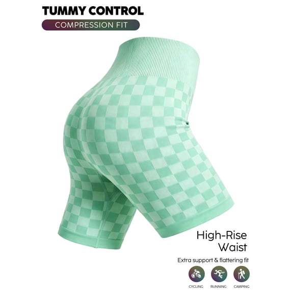 Women's High Waisted Chessboard Print Seamless Yoga Shorts, Shaping Workout Shorts for Yoga Fitness Skateboarding Cycling GREEN