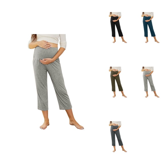 Women's High Waisted Cotton Linen Blend Maternity Trousers with Integrated Yoga Waistband, Pockets, Over-the-Belly Design for Pregnancy & Lounge