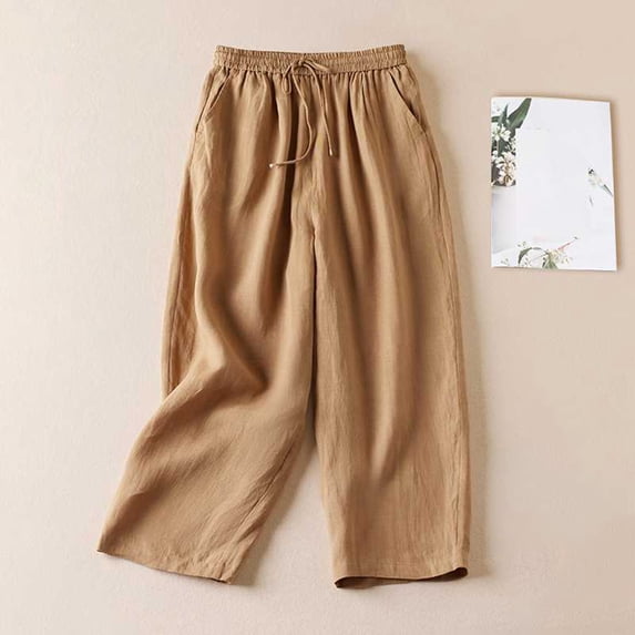 Women's High Waisted Cropped Pants Trousers Slacks Wide Leg Linen Blend Elastic Waistband Stretchy Solid Color Soft Flowy Casual Daily Lounge Home Business Casual Office Wear Travel Essentials