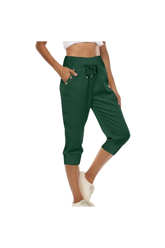 Women's High Waisted Cropped Pants with Drawstring & Pockets - Casual Summer Polyester Trousers