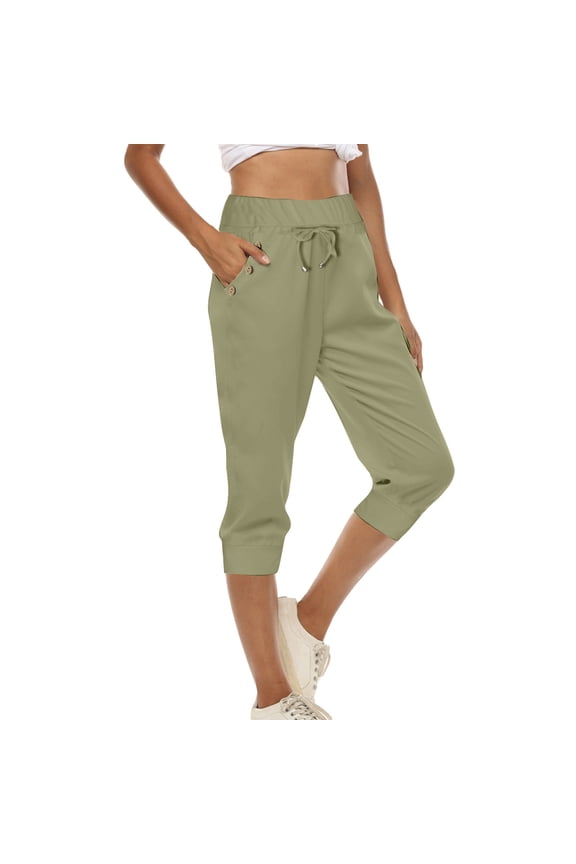 Women's High Waisted Cropped Pants with Drawstring Waist and Side Pockets - Casual Summer Polyester Trousers