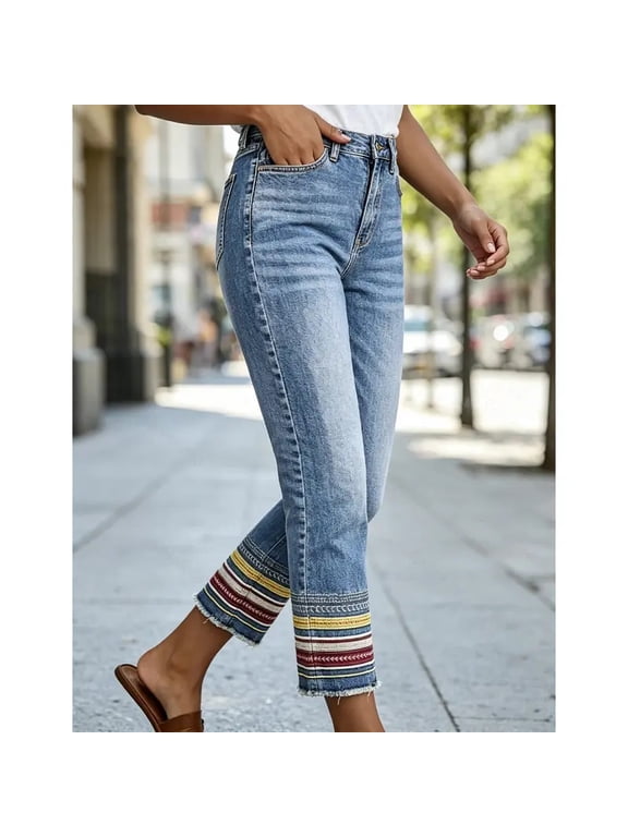 Women's High Waisted Cropped Straight Leg Flamingals Jeans - Light Wash Denim Pants with Boho Colorful Striped Embroidery, Frayed Raw Hem, Pockets, Casual Chic Fashion Style