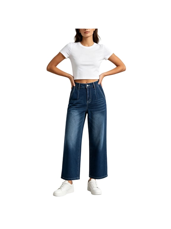 Women’s High Waisted Cropped Wide Leg Jeans Button Zip Straight Leg Denim Pants Y2K Vintage Casual Baggy Boyfriend Trousers with Pockets Blue