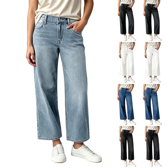 Women's High Waisted Cropped Wide Leg Jeans Stretchy Loose Denim Pants with Front Patch Pockets Light Blue XS(XS)