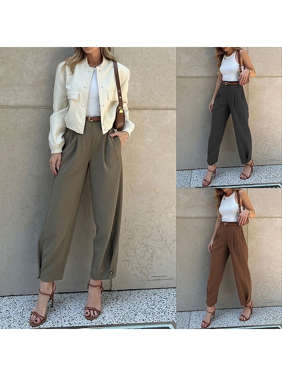 Women's High Waisted Cropped Wide Leg Pants Trousers Slacks Solid Color Loose Fit Stretchy Soft Flowy Casual Business Office Work Lounge Wear Travel Essentials for Women | Aestivo,Army Green M