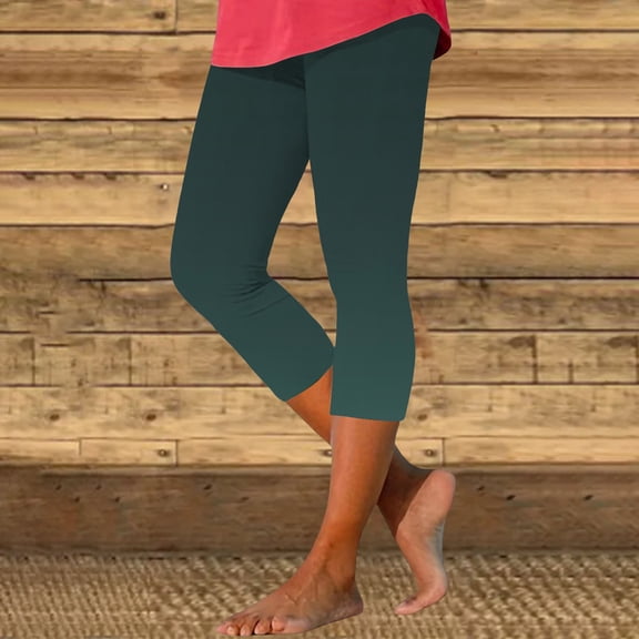 Women's High Waisted Cropped Yoga Pants, Elastic Waistband Soft Comfortable Solid Color Capri Pant, Lounge Athletic Pajama Bottoms for Everyday Wear, Four Seasons Green L