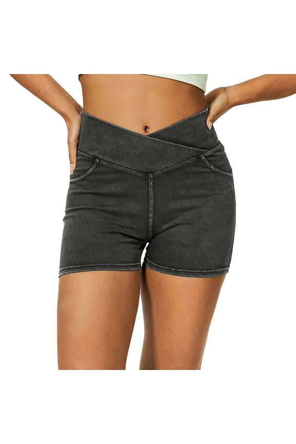 Women's High Waisted Crossover Denim Shorts 2025 Trendy Slim Fit Stretchy Hip Lifting Casual Summer Shorts Vacation Beach & Daily Wear with Pockets