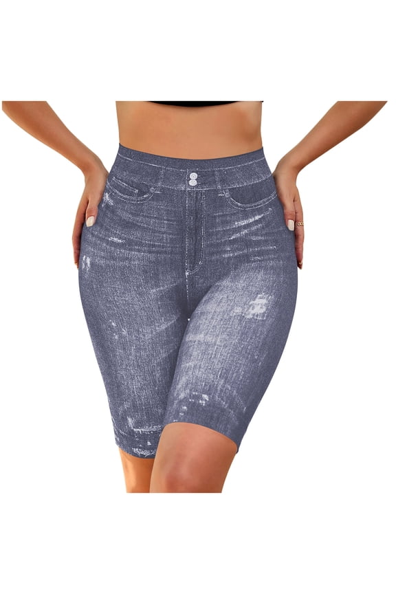 Women's High Waisted Denim Look Yoga Shorts Printed Stretchy Midi Leggings, Breathable Comfortable Jeggings with Elastic Waist