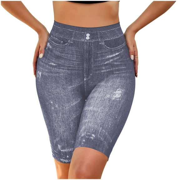 Women's High Waisted Denim Look Yoga Shorts Printed Stretchy Midi Leggings, Breathable Comfortable Jeggings with Elastic Waist