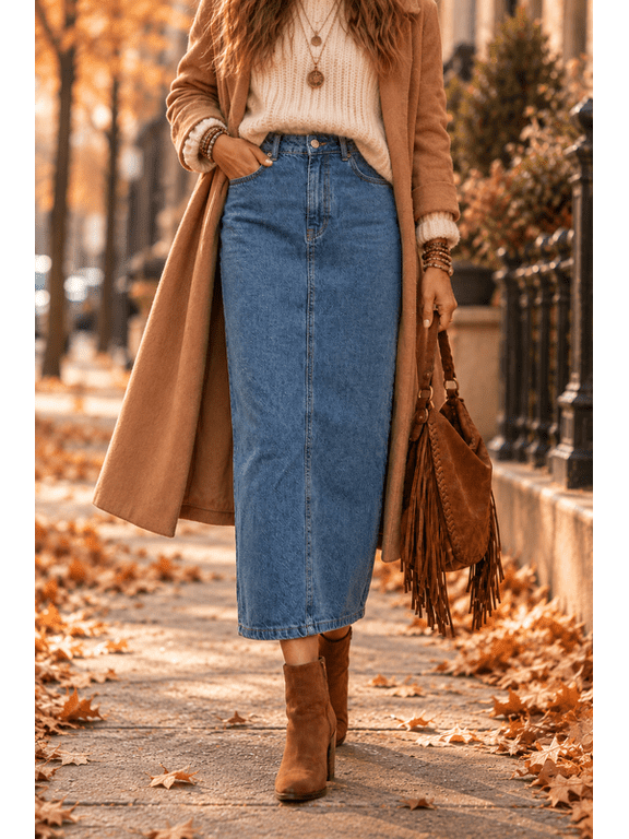 Women’s High-Waisted Denim Maxi Skirt with Front Pockets