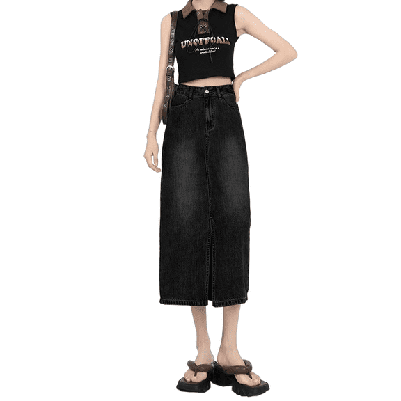 Women's High - Waisted Denim Midi Skirt with Front Slit - Must - Have for Office & Dates, Super Trendy Casual Jean Skirt（Does not include belt）