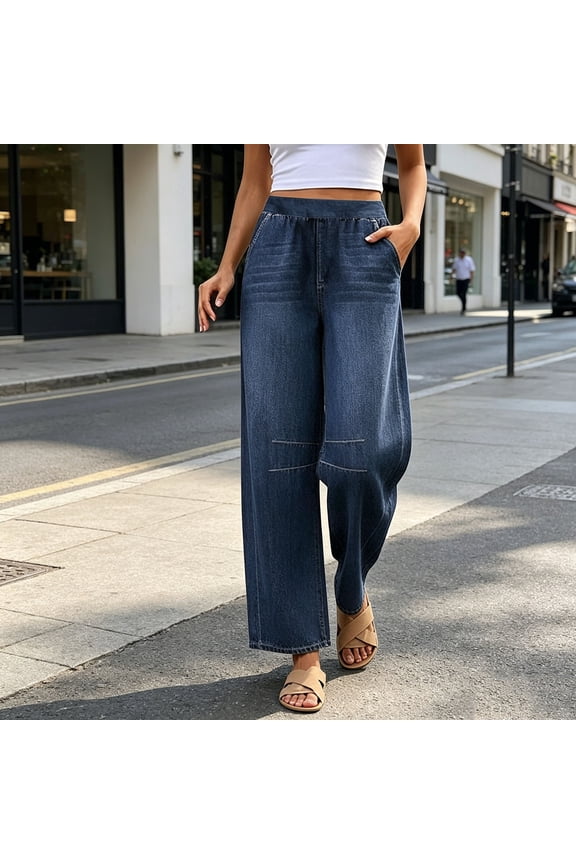 Women's High Waisted Denim Pants - Pull on Elastic Waist Jeans - Casual Travel Vacation Straight Leg Classic Distressed Blue Jeans with Pockets,XL