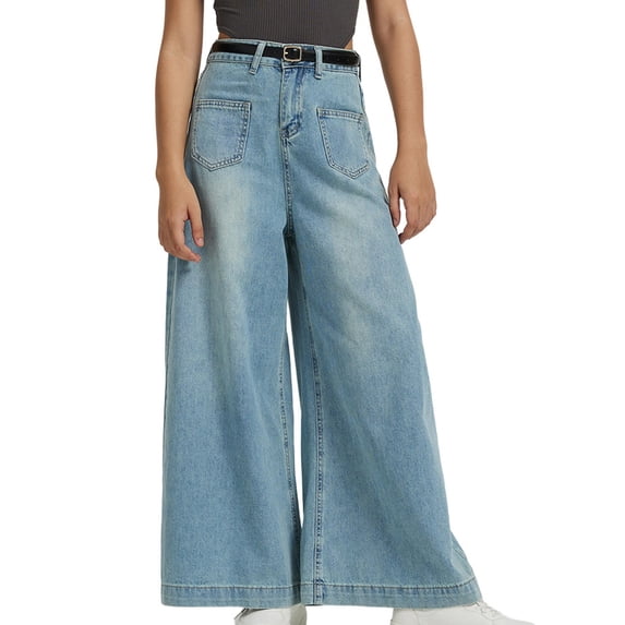 Women's High Waisted Denim Pants Flared Wide Leg Solid Frayed Distressed Ankle Length Boyfriend Trendy Jeans