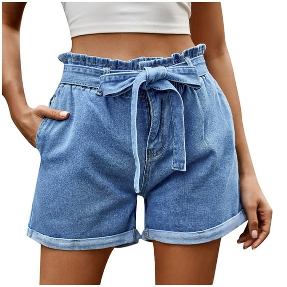 Women's High Waisted Denim Paper Bag Shorts Casual Bowknot Waist Jean Shorts Trendy Bermuda Shorts Summer Hot Pants