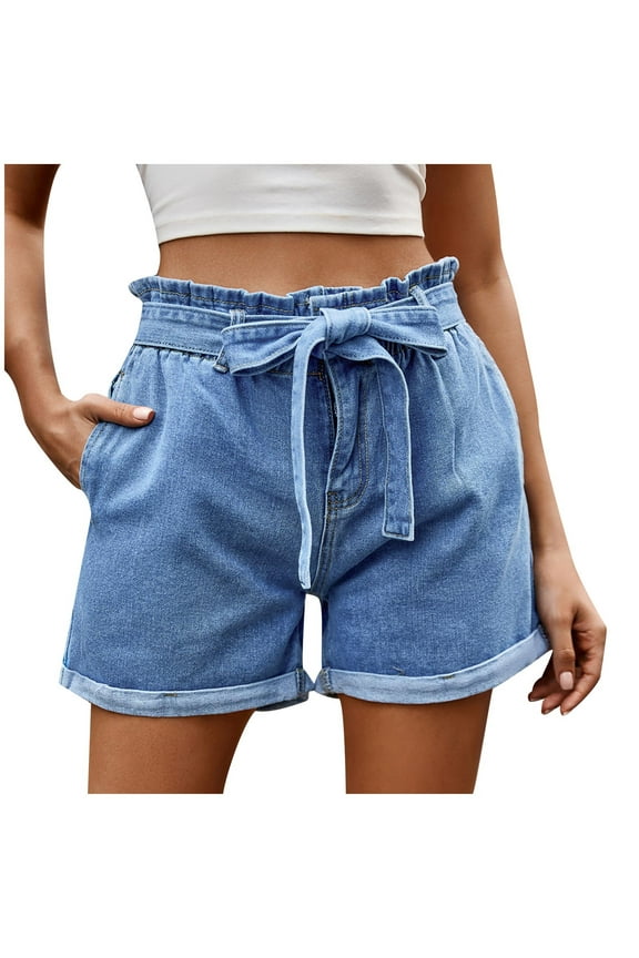 Women's High Waisted Denim Paper Bag Shorts Casual Bowknot Waist Jean Shorts Trendy Bermuda Shorts Summer Hot Pants