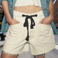 thumbnail image 1 of Women's High Waisted Denim Shorts, Baggy Distressed Hem Jean Shorts, Elastic Drawstring Waist Casual Straight Leg Shorts, Loose Fit Ripped Casual Summer Shorts White L, 1 of 9
