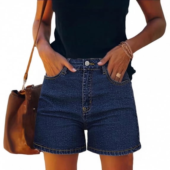 Women's High Waisted Denim Shorts Casual Summer Jean Button Shorts with Pockets Stretchy Streetwear Dark Blue M