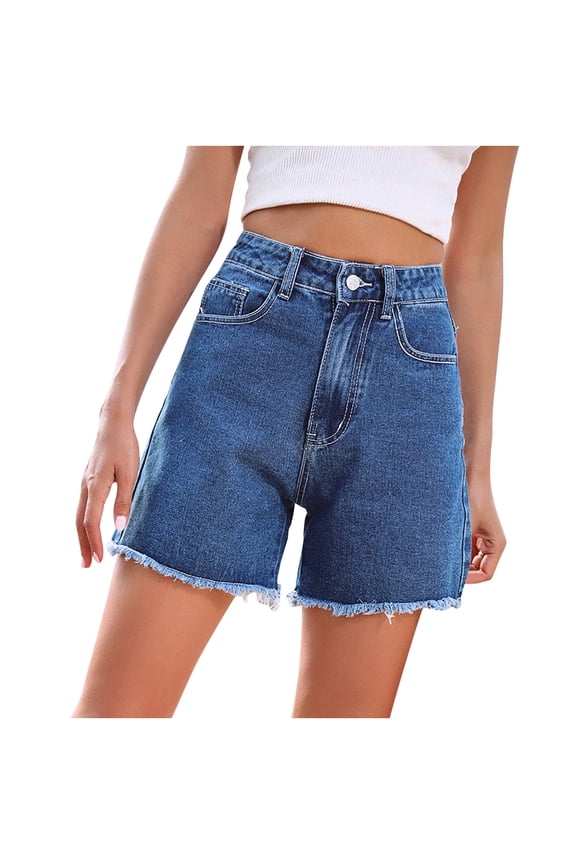Women's High-Waisted Denim Shorts Frayed Hem Trendy Jort with Pocket Stretchy Cute Daily Jeans Short Pants
