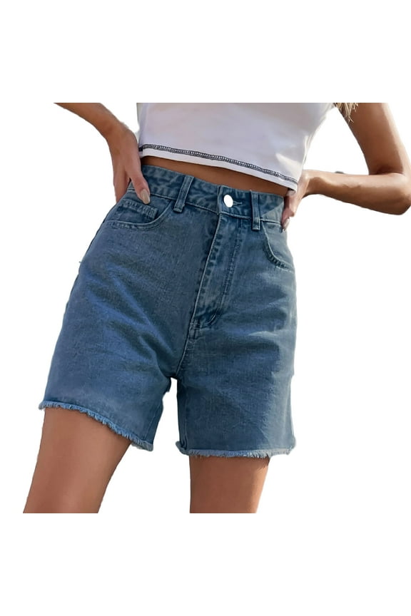 Women's High-Waisted Denim Shorts Frayed Hem Trendy Jort with Pocket Stretchy Cute Daily Jeans Short Pants