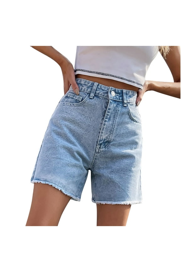 Women's High-Waisted Denim Shorts Frayed Hem Trendy Jort with Pocket Stretchy Cute Daily Jeans Short Pants