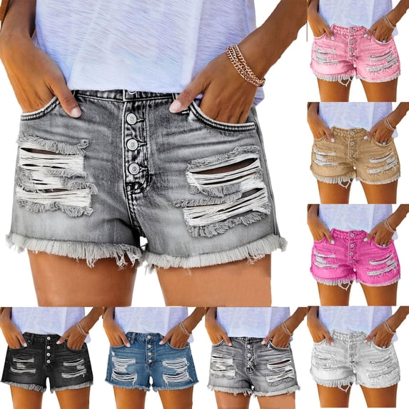 Women’s High Waisted Denim Shorts Ripped Distressed Jean Shorts Casual Button Fly Frayed Hem Summer Beach Trendy Hot Pants