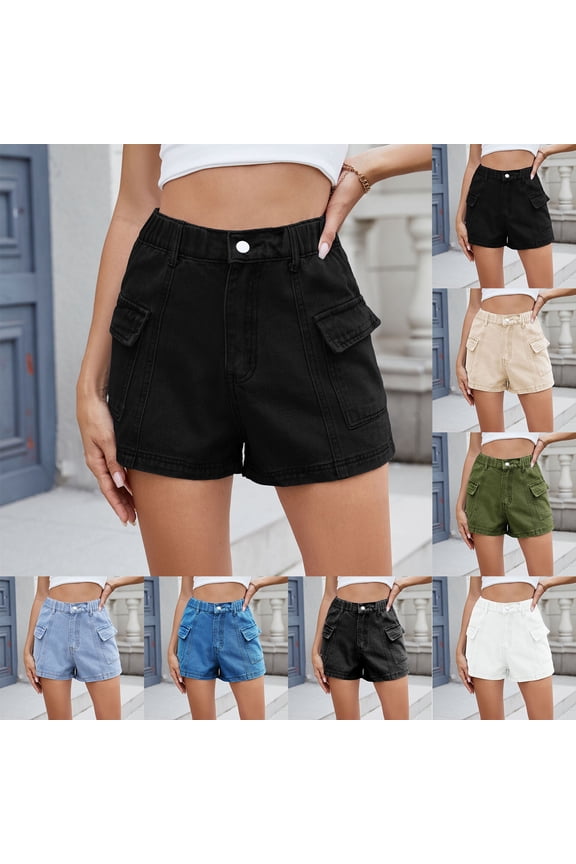 Women's High Waisted Denim Shorts, Soft Flexible Stretch Solid Color with Deep Pockets, Casual Half Length Shorts for Summer Weekend | TruHer,Black S