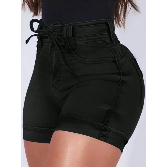 Women's High Waisted Denim Shorts With Drawstring Design Jeans